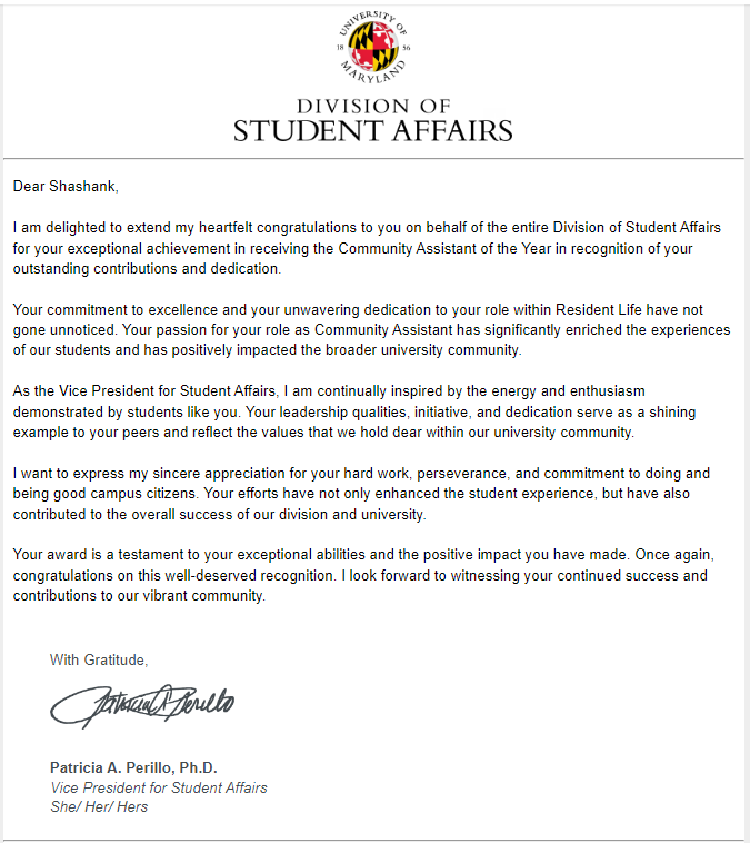 Award by Division of Student Affairs